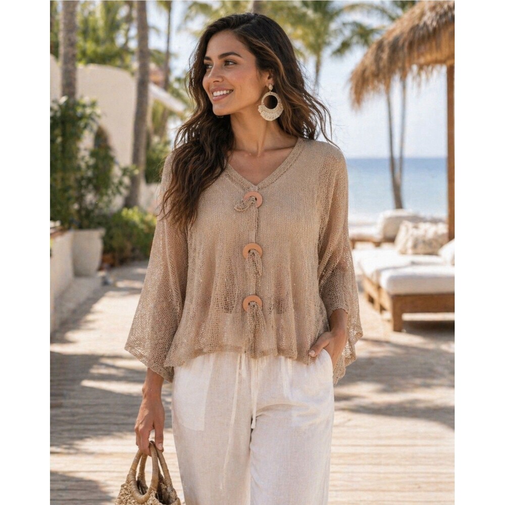 Noelle Women One Size Y2K Fish Net Top Mesh Boho Beach Coverup Top Beige Resort - Picture 2 of 5